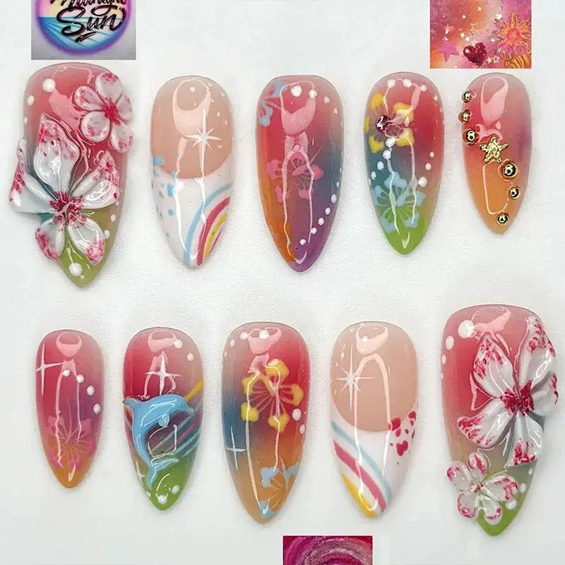 Almond Press On Nails | Acrylic Finish | Pearl Flower Design | 24 Piece Set