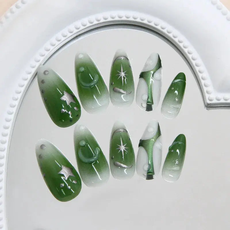 Press On Nails | 24pcs Summer Green Almond | Y2K Star Print | Reusable