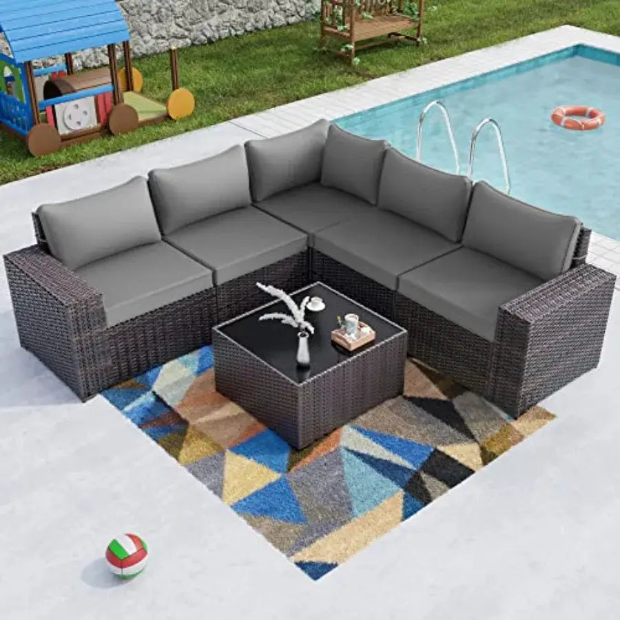 Outdoor patio furniture set: 6-piece brown PE rattan sectional sofa with grey cushions and tempered glass table, weather-resist from PriceLows™