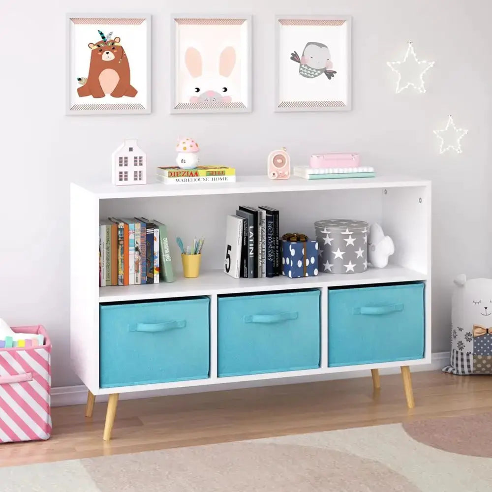 Collapsible 3-Tier Fabric Bookshelf for Kids, Multi-Cubby Wooden Storage Organizer, Playroom Display Rack in White/Blue from PriceLows™