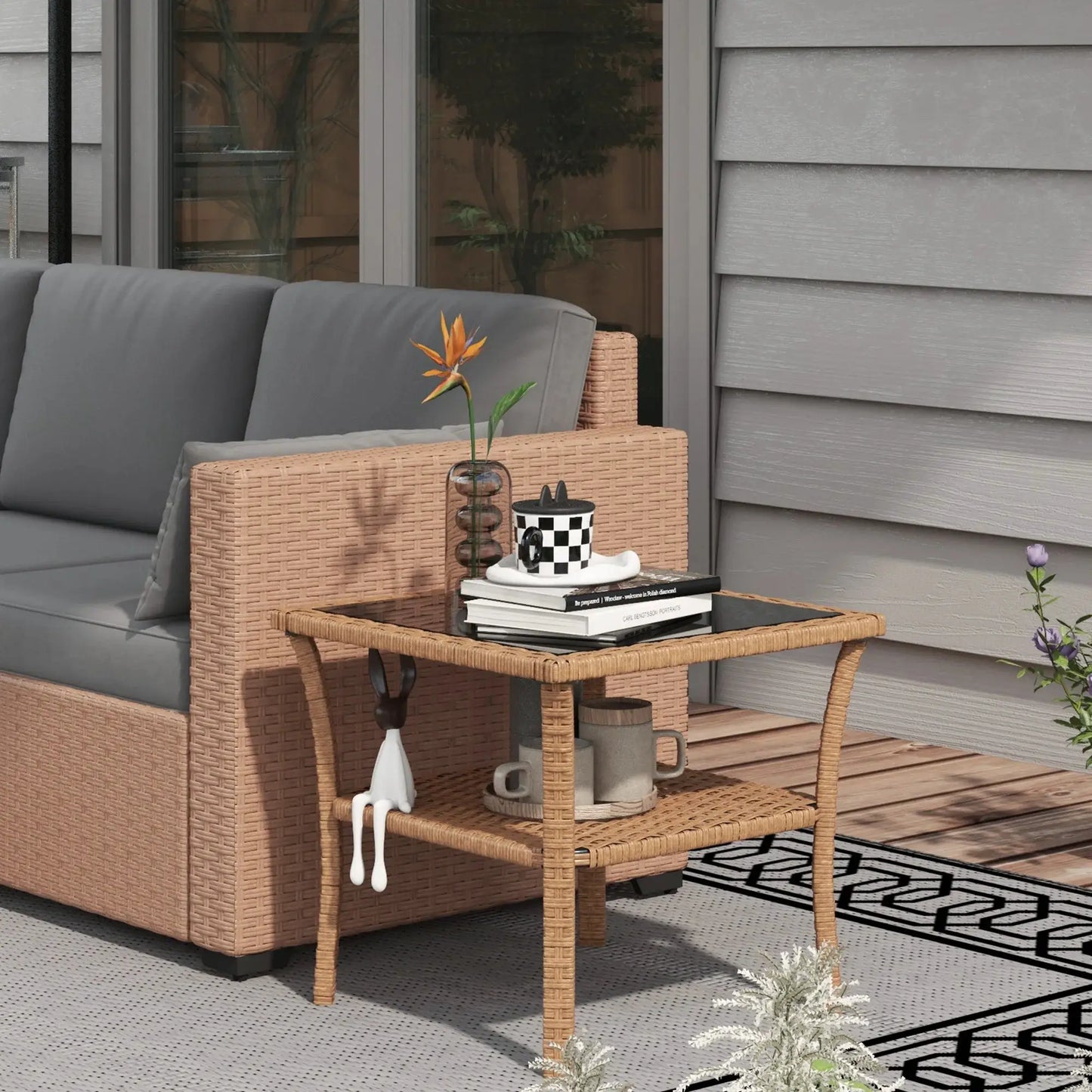 Outsunny Patio Wicker Coffee Table W/ Two-Tier Design, Side Table, Sand from PriceLows™