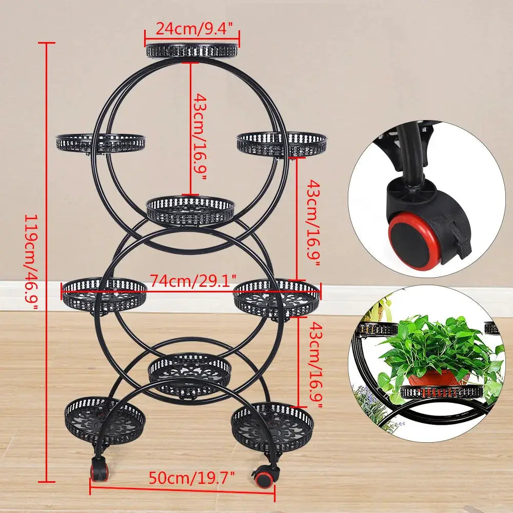 9-Tray Metal Plant Stand Rack Black Flower Pot Holder with Wheels Indoor Outdoor Black Flower Pot Holder from PriceLows™