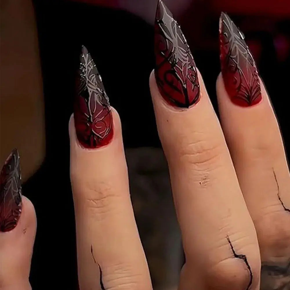 Press On Nails | Short Square | Red French Tip Spider Web | 24 Piece Set