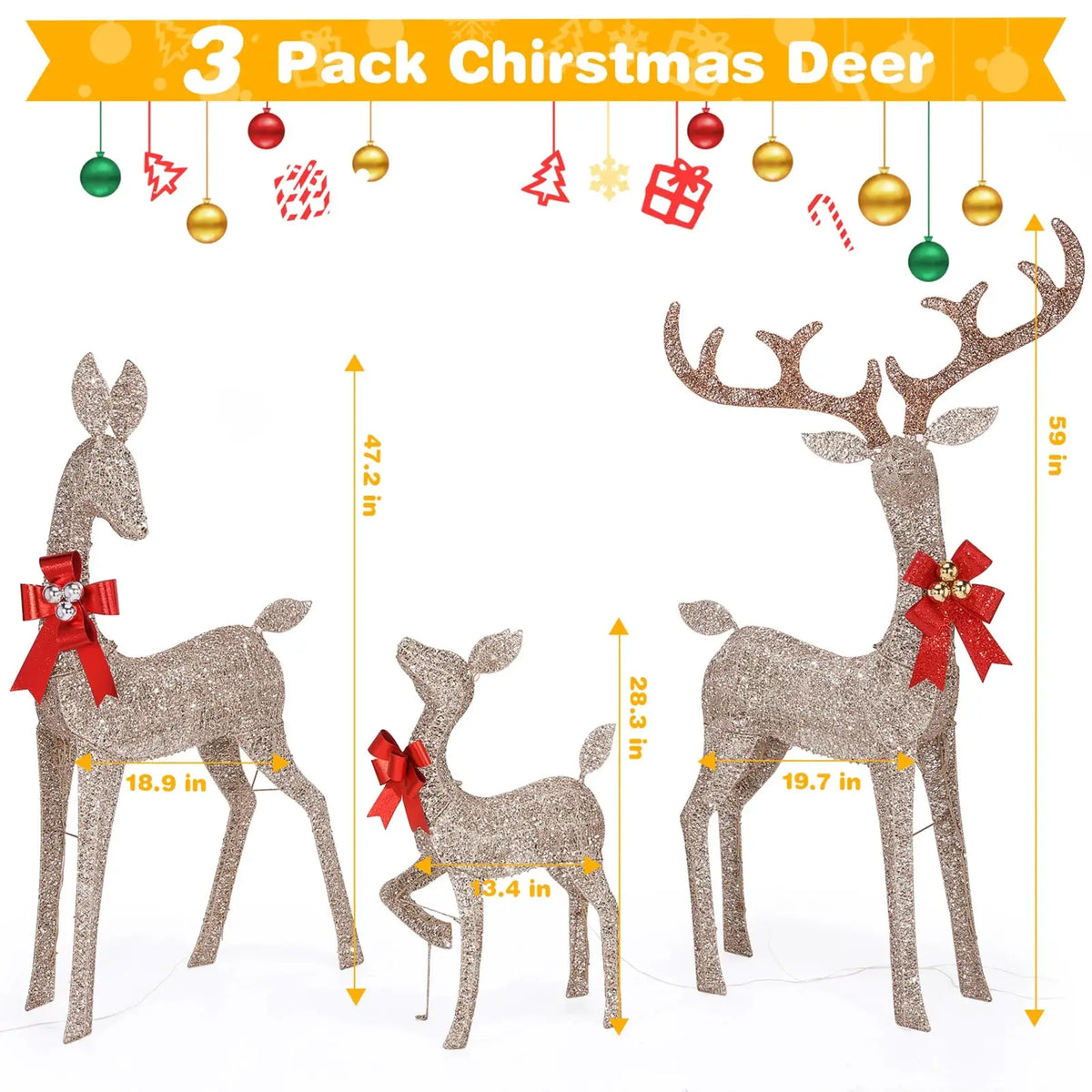 Christmas Deer Set | 3 Piece Pre Lit | 210 Warm LED Lights | Lawn Decor