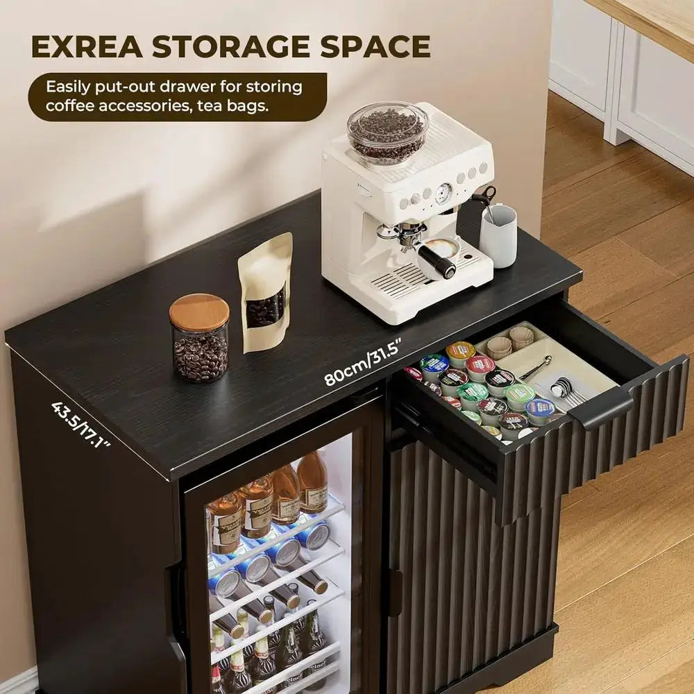 Ridge-Style Liquor and Wine Bar Cabinet with Refrigerator, Pull-Out Drawer & Storage, 31.5 for Home, Kitchen, Dining Room in Bla from PriceLows™