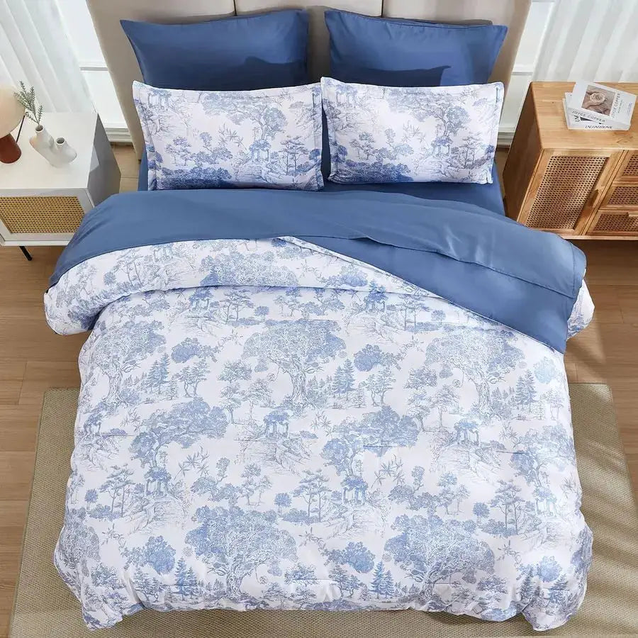 Blue Comforter Set Queen, 7 Pieces Bed in a Bag Queen Size Botanical Comforters with Sheets Elegant Plants Print Soft Microfiber from PriceLows™