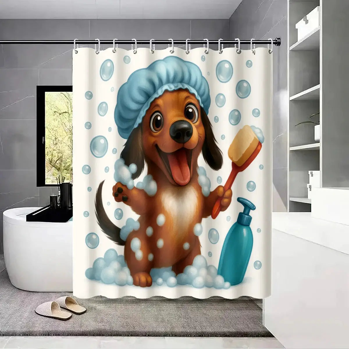 1pc Cute Bathing Sausage Dog Printe Shower Partition Privacy Hanging Curtain with 12 Hooks Multiple Sizes Easy Installation from PriceLows™