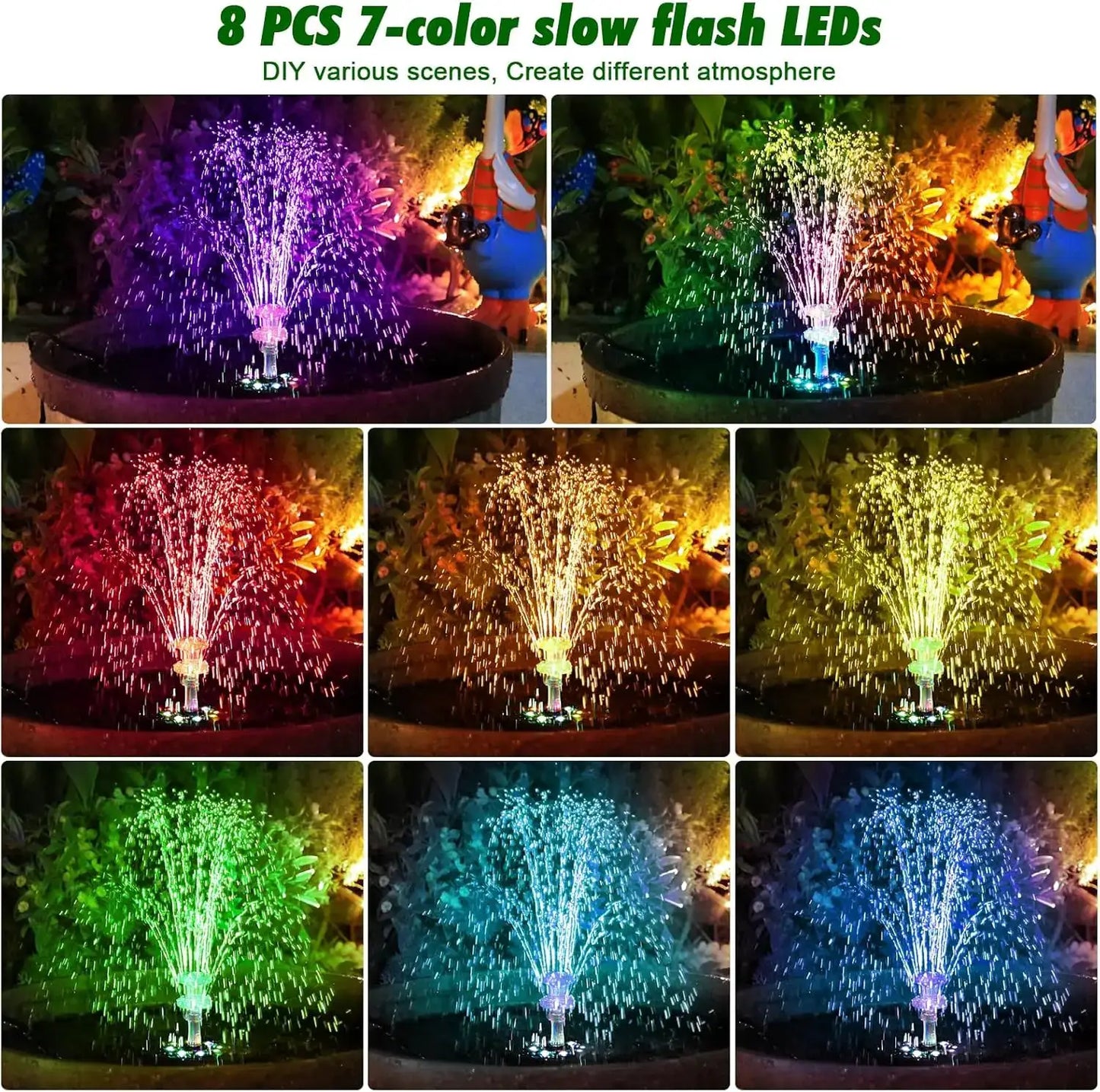 10W Solar Water Fountain with Colorful LED Light 4400mAh Rechargeable Battery Remote Control Solar Fountain Pump with 16 Nozzles from PriceLows™