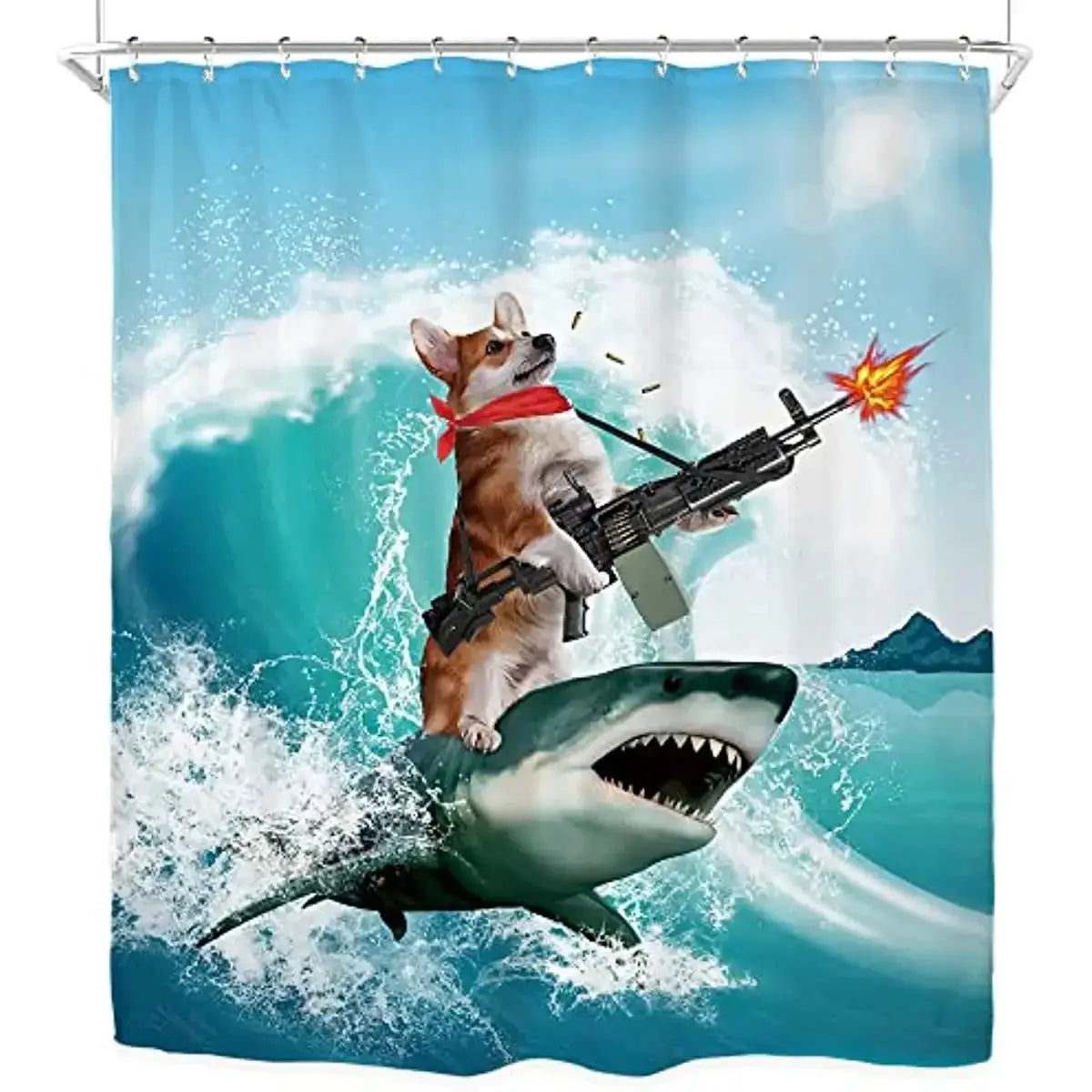 Funny Kids Shower Curtains For Bathroom Decor Corgi Cute Dog Riding Shark Nautical Ocean Boys Animal Hilarious Fabric Polyester from PriceLows™