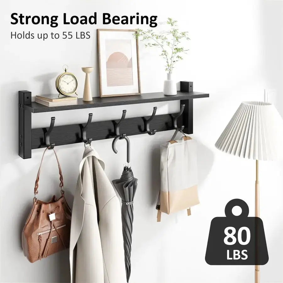 Coat Rack Wall Mount with Shelf, 24 Inch Coat Hanger Walls Mounted, Hat Rack for Walls, Shelf with 5 Coat Hooks, Wall Hanger for from PriceLows™