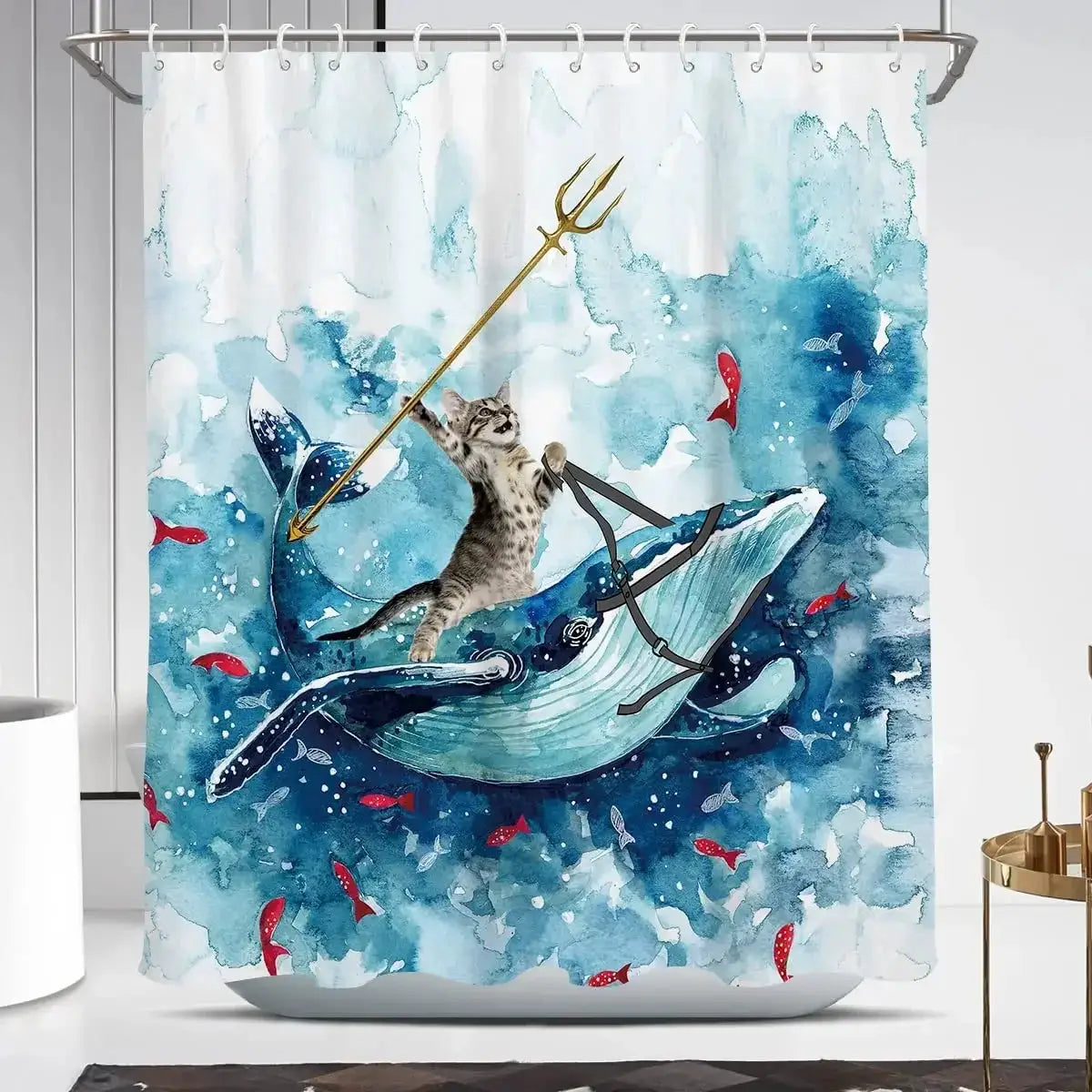 Funny Cat Shower Curtain Cool Cat Riding Shark Seagull On Ocean Sea Blue Waves Kids Creative Design Bathroom Curtain Polyester from PriceLows™