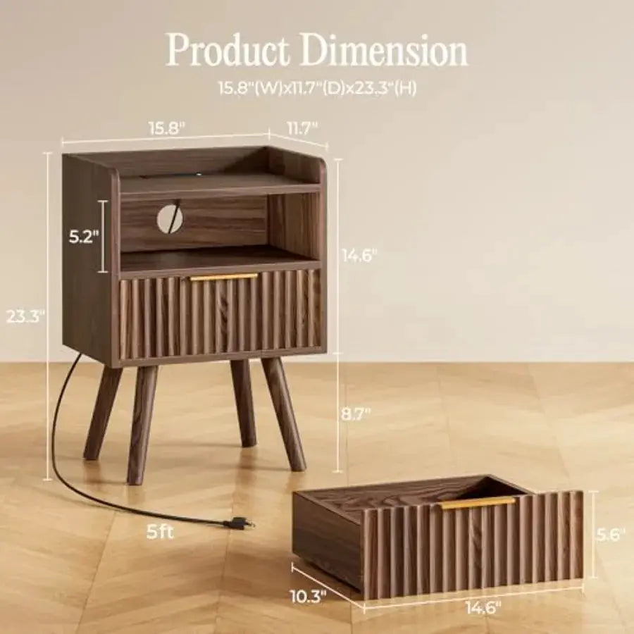 Nightstand with Charging Station, USB-C Port, Fluted Night Stand Set of 2, Bed Side Table with Drawer, Solid Wood Feet, Open St from PriceLows™