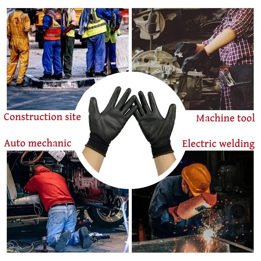 Durable Safety Gloves | Black Anti-Slip | Polyurethane Coated | 10 Pair Pack