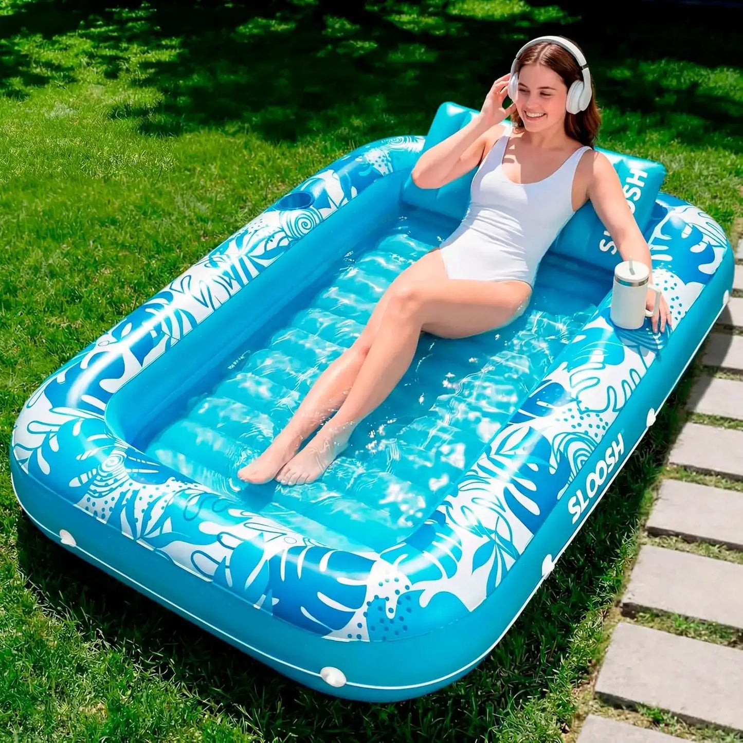 Inflatable Pool Float | 70 x 46 Inch | Removable Headrest | 4 In 1 Suntan Tub