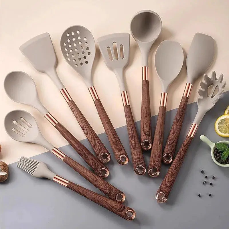 Silicone Wood Grain Kitchenware 11-piece Set Non-stick Pan, Spoon Set, Anti-scalding Wood Grain Handle Cooking Utensils from PriceLows™