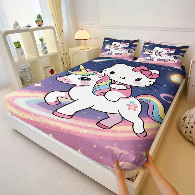 3Pcs Kawaii Hello Kitty Fitted Sheet Set With 2 Pillowcases purple Bed Sheet Soft Deep Pocket Bedding for Girls Bedroom Decor from PriceLows™