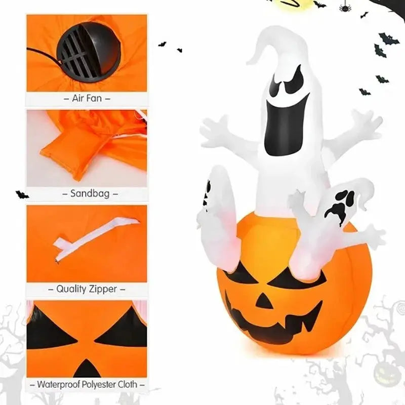 Ghost On Pumpkin Inflatable | 4 Ft Yard Decoration | Weather Resistant Fabric