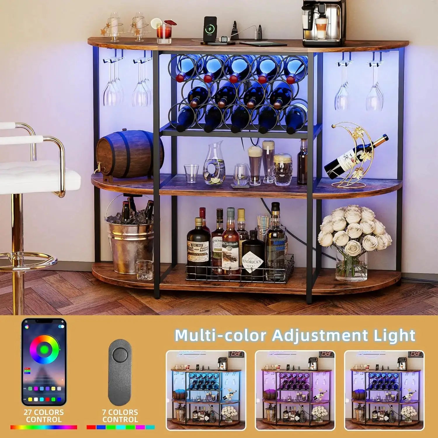 Wine Bar Cabinet with LED Lights and Power Outlets, Freestanding Liquor Cabinet Table with Glass Holder Wine Rack for Home Kitchen Dining Room from PriceLows™