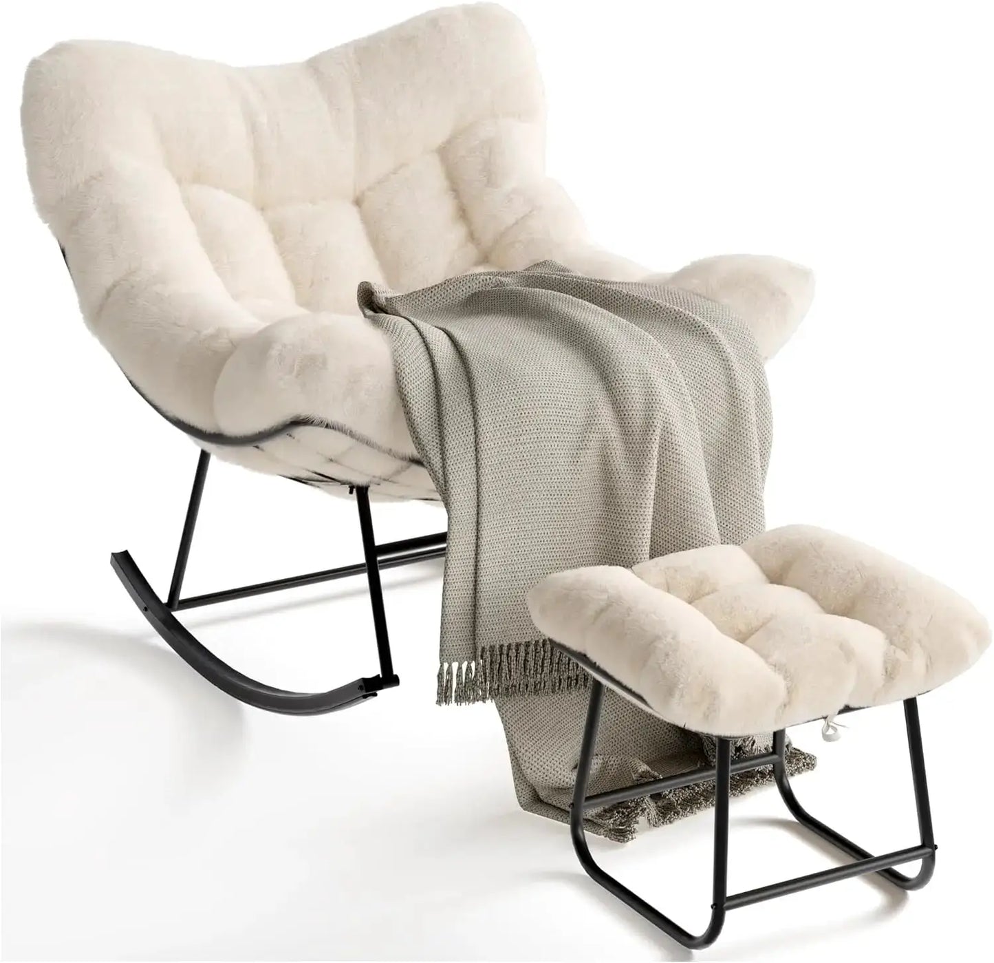 Outdoor Oversized Papasan Rocking Chair with Footrest, Patio Lounge Chair Rattan Egg Rocker for Balcony Backyard Porch Bedroom from PriceLows™