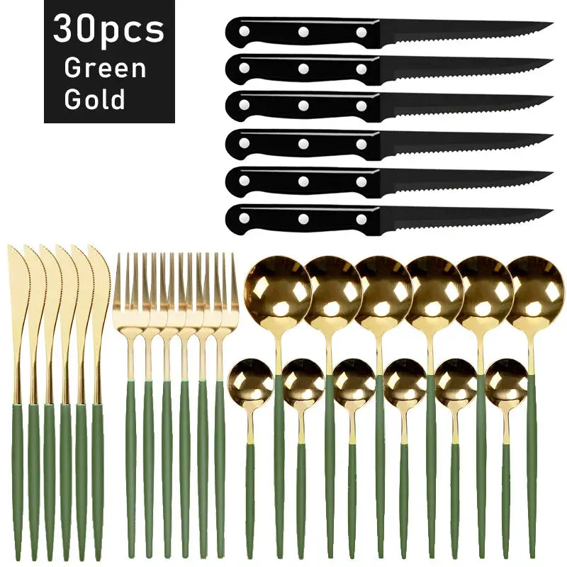 30pcs Black Dinnerware Set Stainless Steel Steak Knife Fork Coffee Spoon Teaspoon Flatware Dishwasher Safe Kitchen Tableware Set from PriceLows™