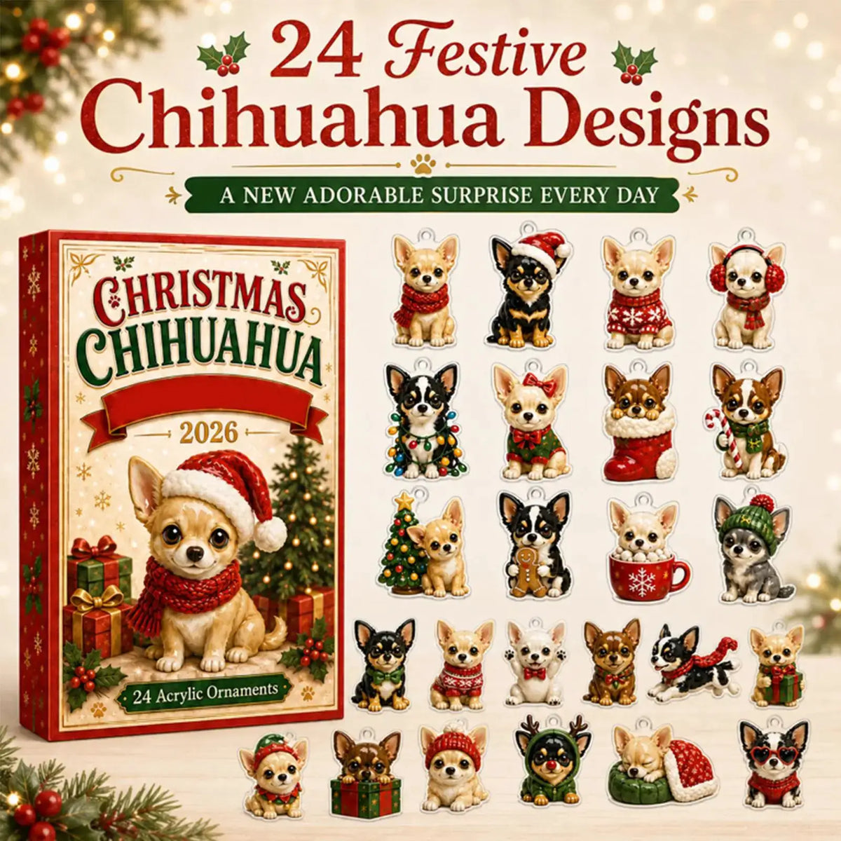 Chihuahua Advent Calendars | 24 Day Countdown | Flat Acrylic | Ornament Set