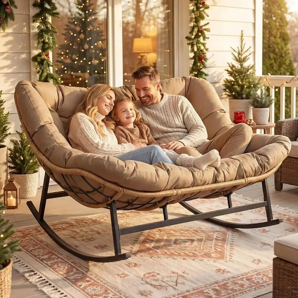 Double Rocking Chairs, Oversized Egg Swing Chairs, 2-Person Wide Loveseat with Cushion, Comfortable Outdoor Furniture for Patio, from PriceLows™