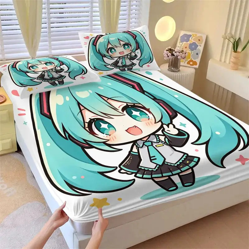 3Pcs Hatsune Miku Chibi Style Fitted Sheet Set Cute Anime Bed Cover with Pillowcases Deep Pocket Teen Room Fans Room Decor Gift from PriceLows™