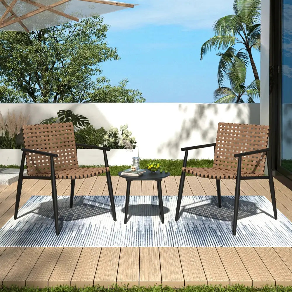 PE Rattan Outdoor Chat Set 2 Chairs, Black Steel & Glass Side Table, Modern Durable Patio Furniture for Garden Balcony Yard from PriceLows™