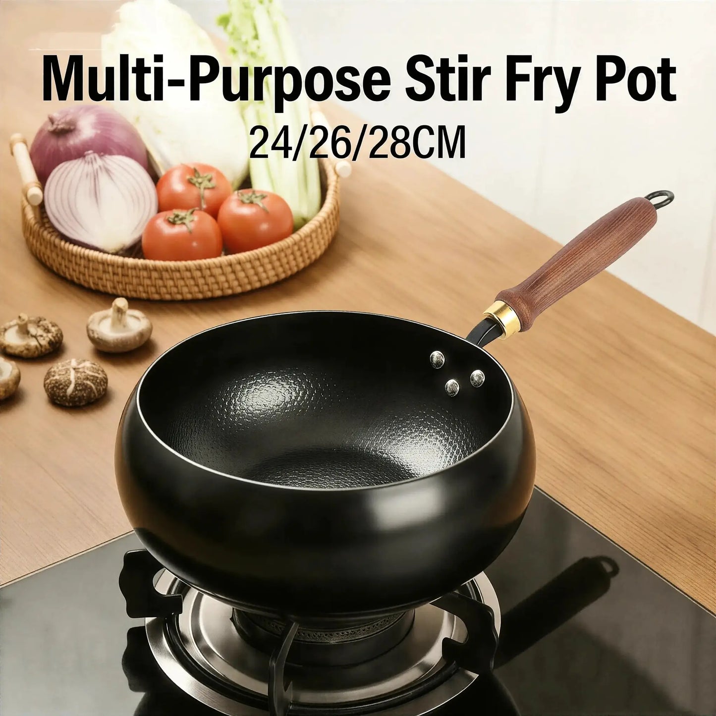 Wok | Hand Forged Iron | Deep Round Bottom | 24cm 26cm 28cm