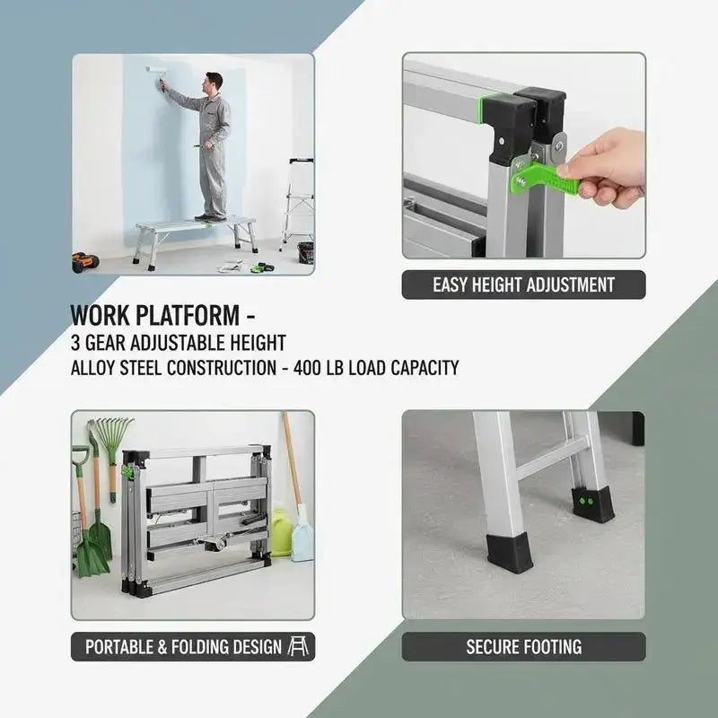 Work Platform, 3 Gear Adjustable Height, Folding Alloy Steel Step Ladder, Portable Scaffolding Platform, 400 lb Load Capacity, Non-Slip Rubber Feet, Drywall Painting Stool, for Cleaning &Washing from PriceLows™