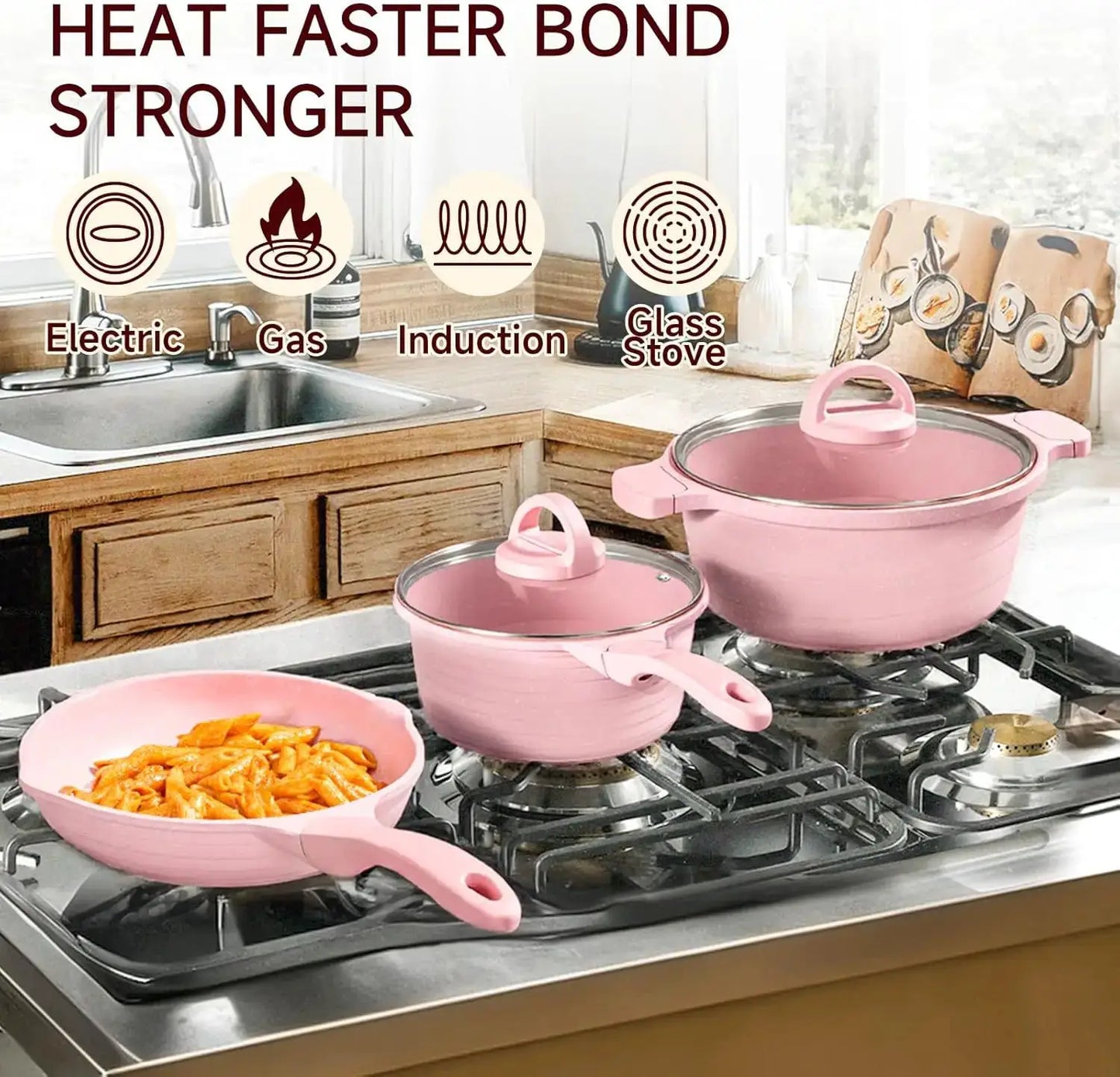 23pc Nonstick Pink Pots and Pans Set, PFAS-Free Healthy Kitchen Cookware, Induction Safe Frying Pans Saucepans Griddle Crepe Pan from PriceLows™