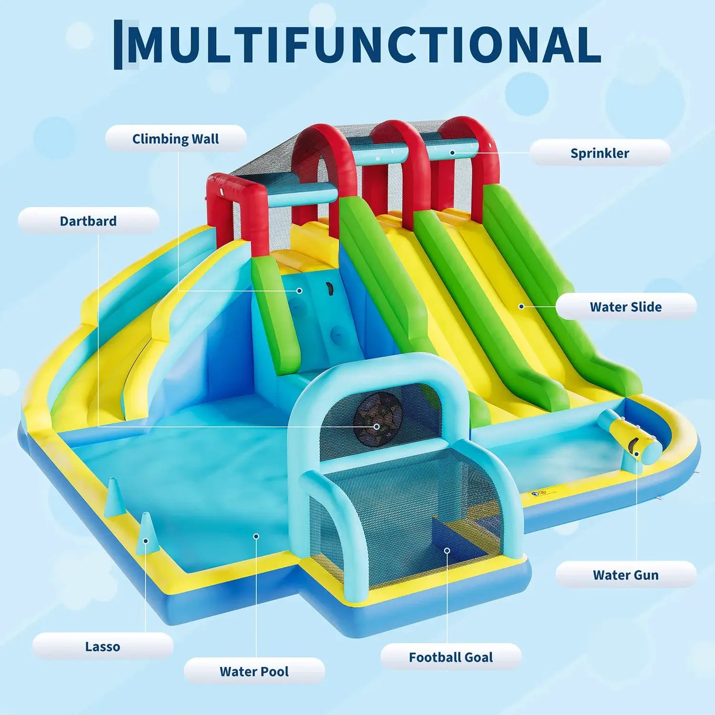 Indoor Outdoor Inflatable Bounce Castle w/3 Water Slides, Oxford Bounce Play Center for Kids Kindergarten Backyard Water Sports from PriceLows™