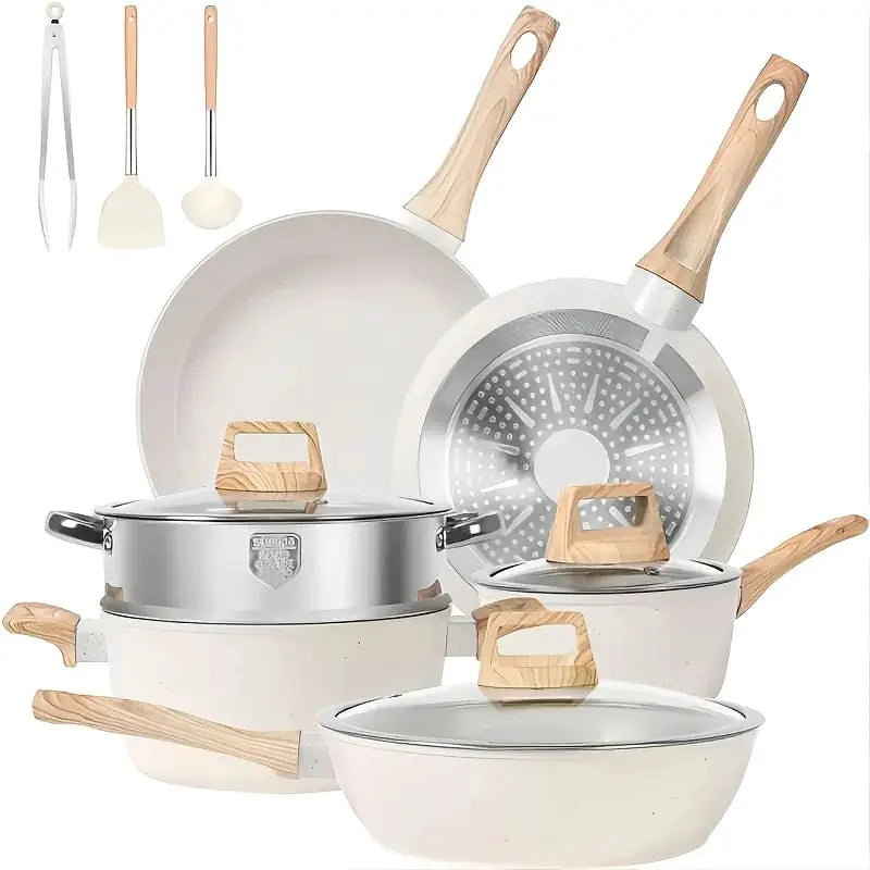 12pcs Pots And Pans Set, Non-Stick Kitchen Cookware Set, Cookware Black Granite Cooking Set with Frying Pan, Crock Pot, Steamer from PriceLows™
