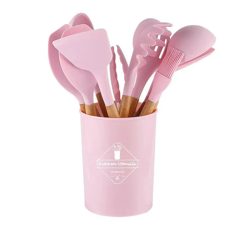12-piece Wooden Handle Kitchenware Set Silicone Non-stick Cooking Spatula Baking Set with Storage Bucket from PriceLows™