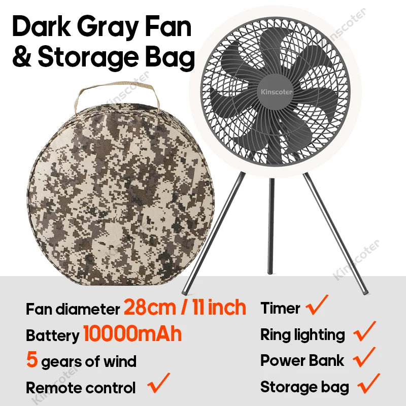 Outdoor Camping Fan | 10000mAh Battery | LED Lighting | 11 Inch