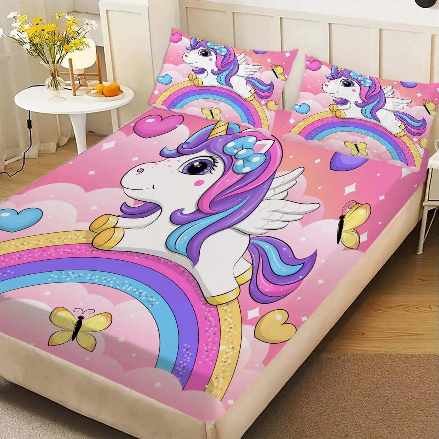 1pc Cartoon Unicorn on Rainbow Print Fitted Sheet Deep Pocket Elastic Mattress Cover Single Double Queen King Bedroom Decor from PriceLows™