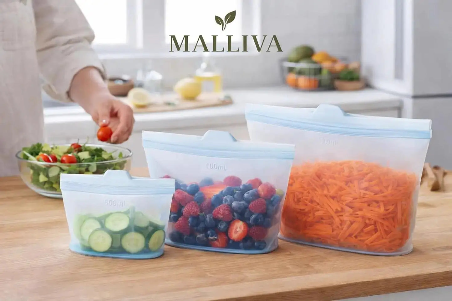 Silicone Food Storage Bags | 3 Pack Stand Up Ziplock | BPA Free | 17oz 34oz 51oz