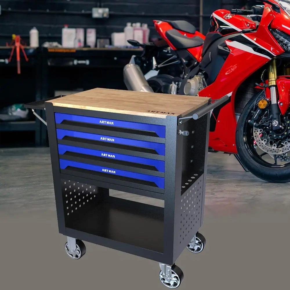 Portable 4-Drawer Rolling Tool Chest with Wooden Top, Blue Mechanic Workbench for Garage and Repair Shop Storage from PriceLows™