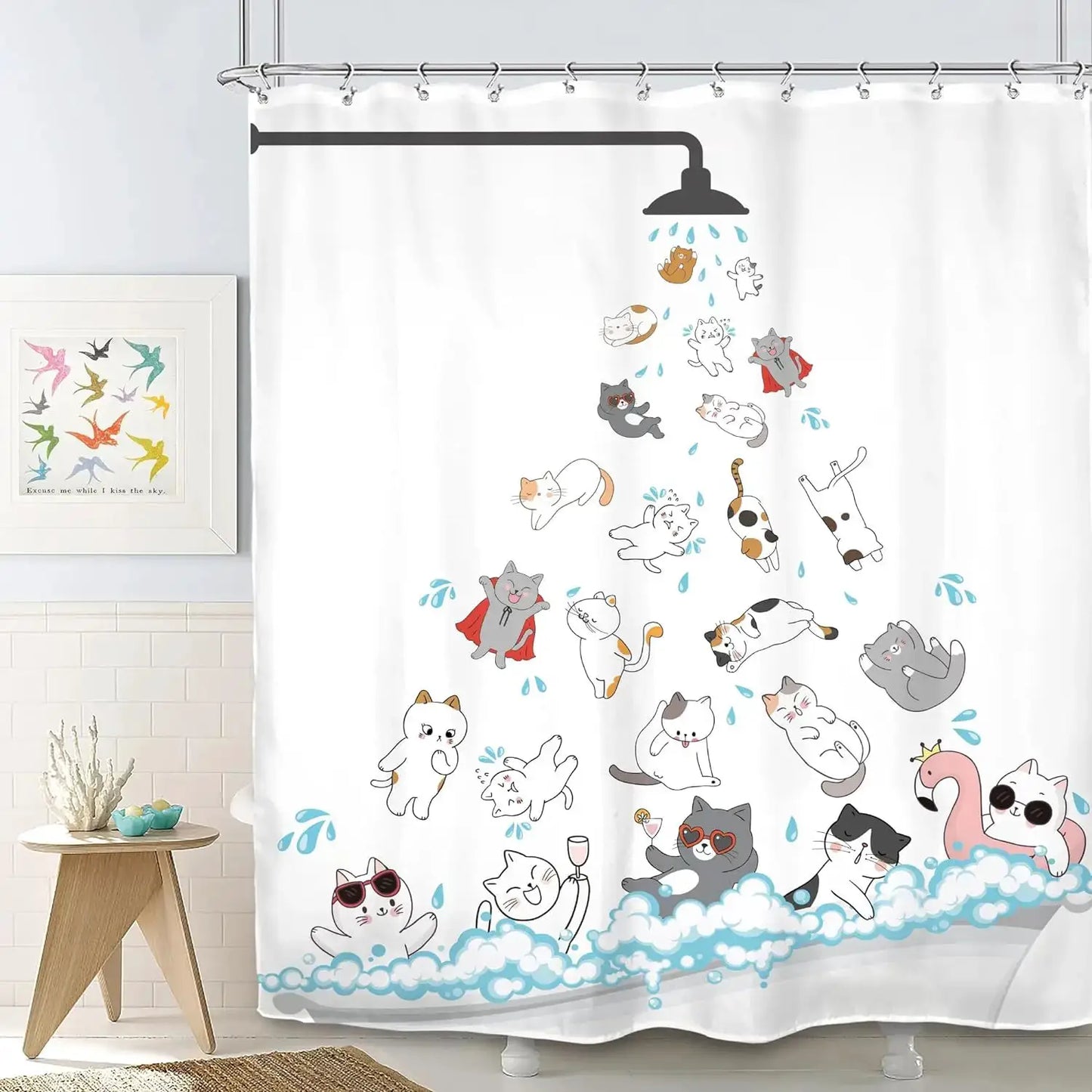 Cute Animals Bathing Cats Dogs Cartoon Shower Curtain Bath Head Bathtub Pattern Kids Child Bathroom Decor Polyester Bath Curtain from PriceLows™