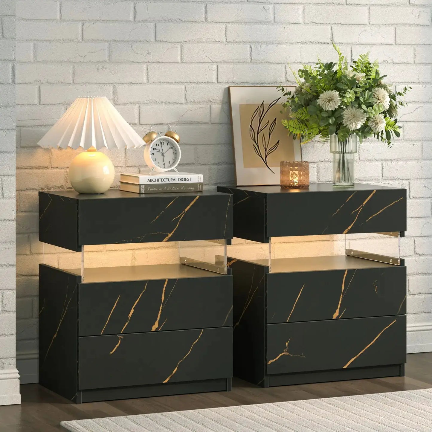 Cubehom Bedside Tables 2 Set with LED Lighting White Bedside Table with 3 Drawers Bedside Table for Bedroom from PriceLows™