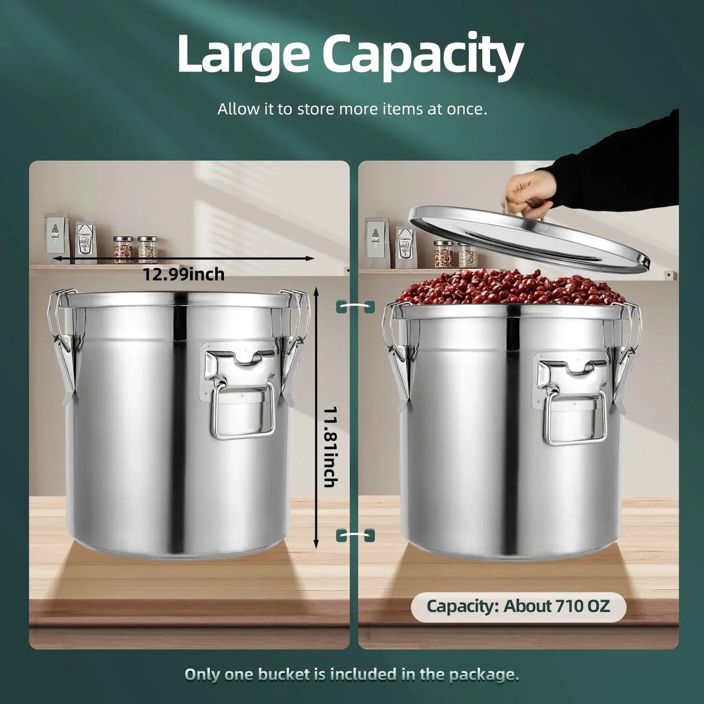 Airtight Food Storage Container 33L Large Capacity, 304 Stainless Steel Bucket with Locking Lid for Rice, Flour, Cereals from PriceLows™