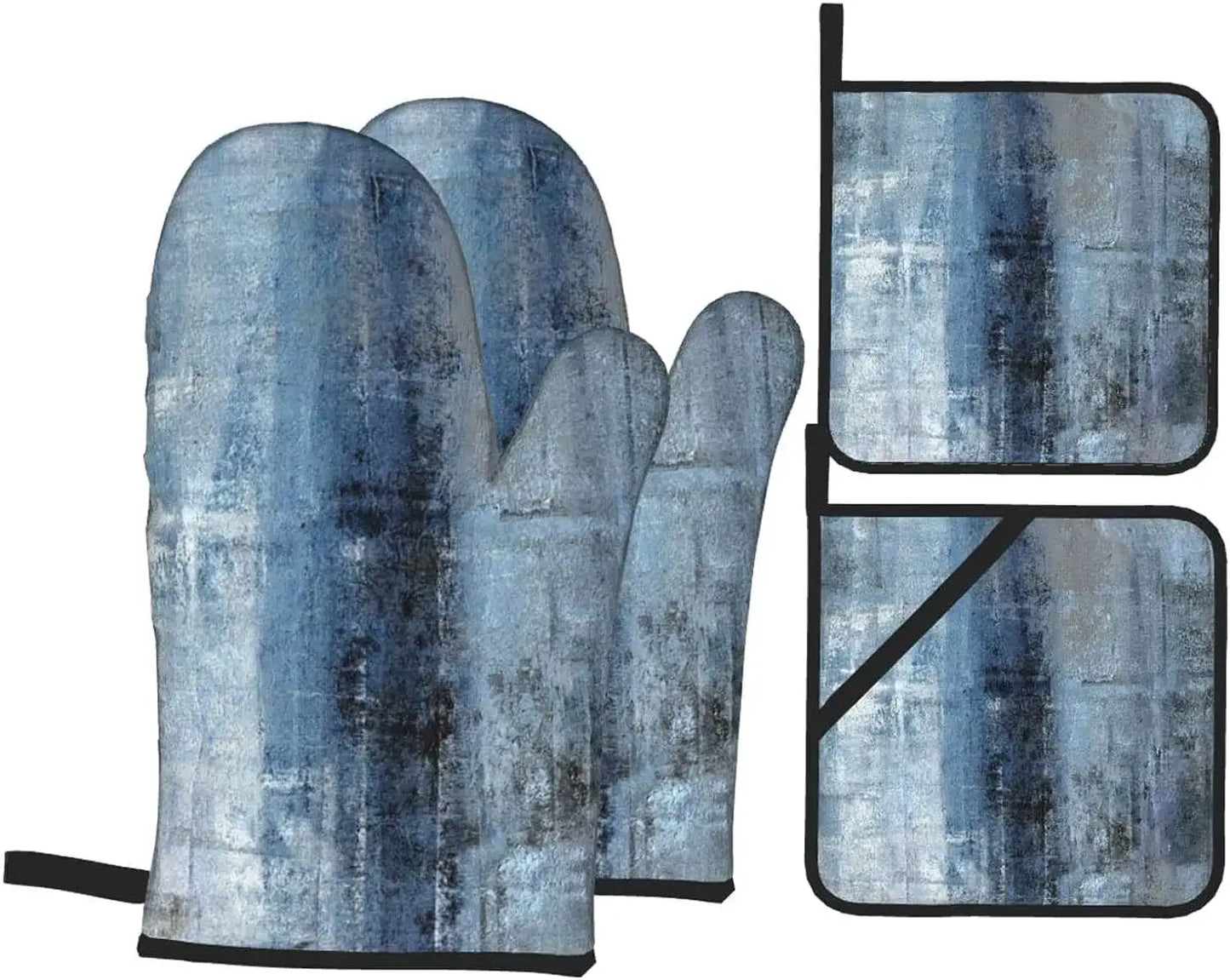 Oven Mitts Set | Abstract Art Blue Grey | Polyester Heat Resistant | 4-Piece Set