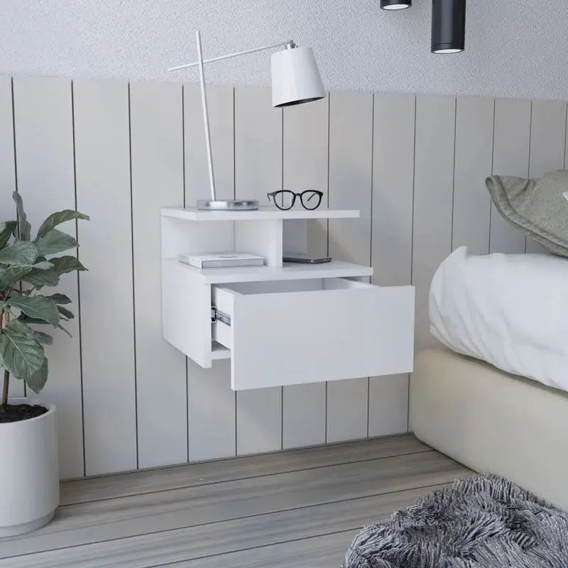 Floating Nightstand with Single Drawer, White Finish from PriceLows™