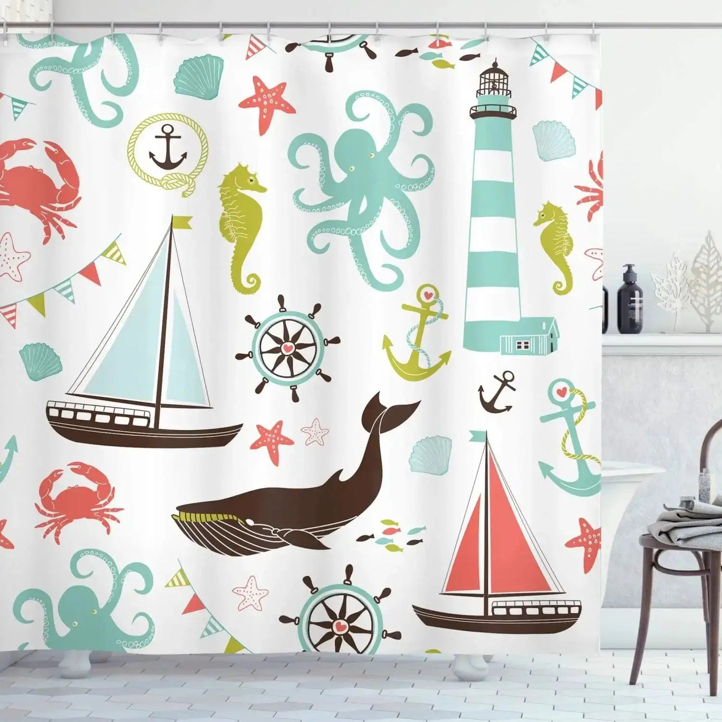 Colorful Cartoons Fish Shark Shower Curtains Ocean Life Children's Bathroom Home Decor Cloth Curtain Set Waterproof Bath Screens from PriceLows™