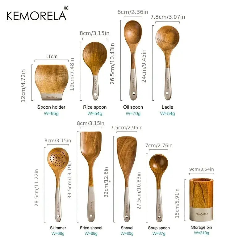 KEMORELA 9PCS Acacia Wooden Cooking Utensils Wooden Spoons for Kitchen with Utensils Holder and Rest Spatula Slotted Spoon from PriceLows™