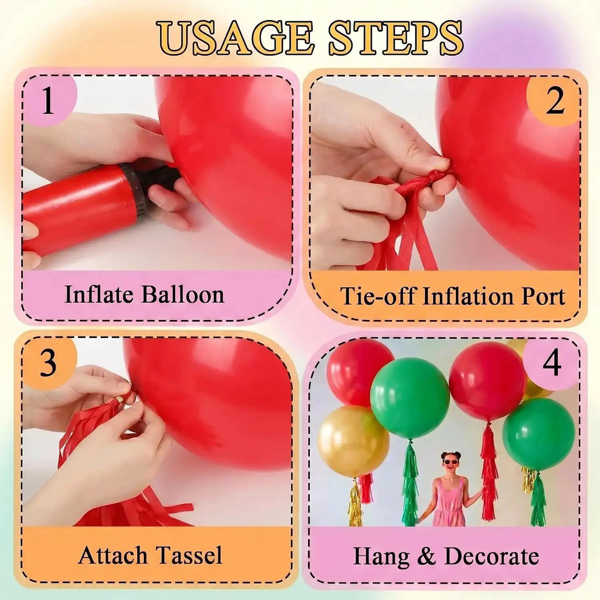 Christmas Giant Balloons | 36 Inch Latex | Tassel Tails | 6 Piece Set