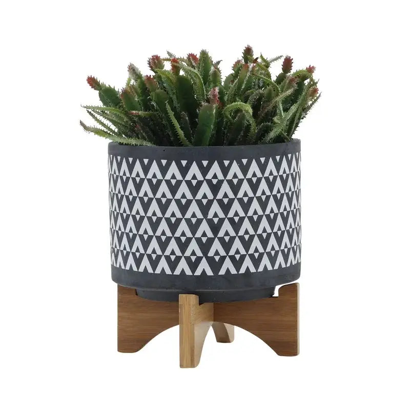 8" Gray Aztec Ceramic Planter on Wooden Stand from PriceLows™