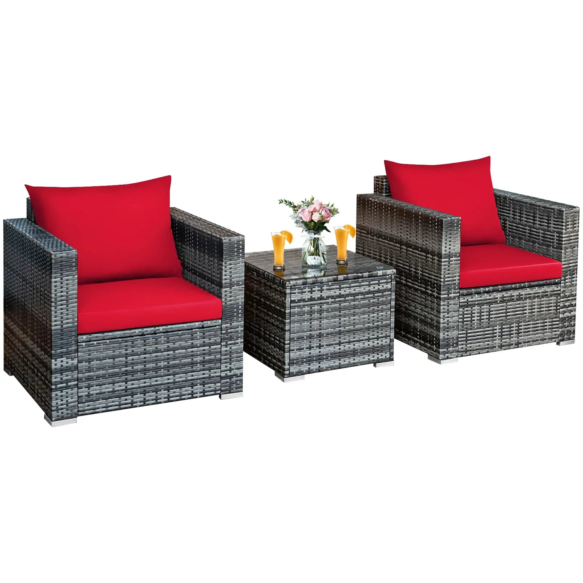 3 PC Patio Rattan Furniture Bistro Set Cushioned Sofa Chair Table Red from PriceLows™