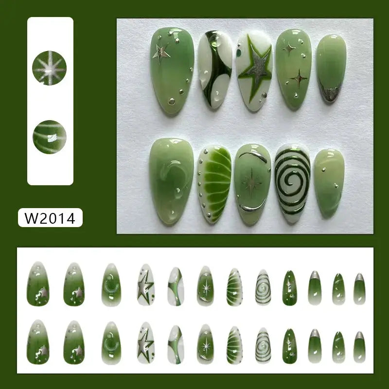 Press On Nails | 24pcs Summer Green Almond | Y2K Star Print | Reusable