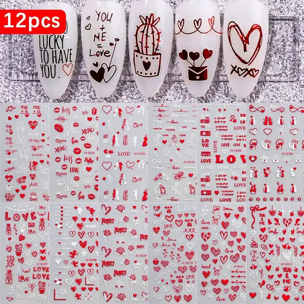 8pc 3D Mixed Color Heart Nail Stickers Valentines' Day Sweet Red Pink Love Selfadhesive Nail Decoration Decals Manicure Supplies from PriceLows™